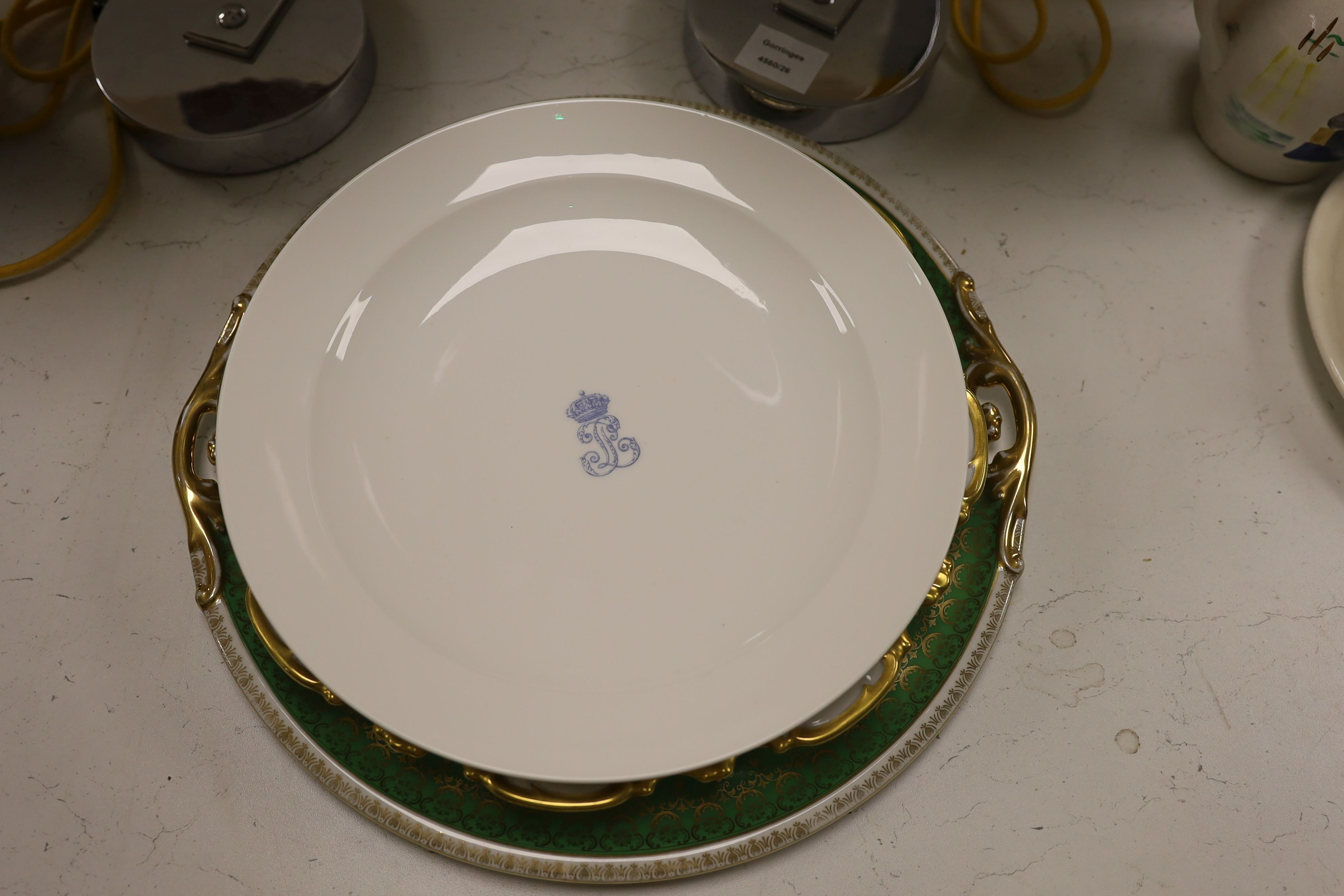 Two Sevres Louis Philippe service monogrammed dishes, dated 1842, 30.5cm a Meissen Deutsche Blumen Marcolini period square dish and two other continental porcelain dishes